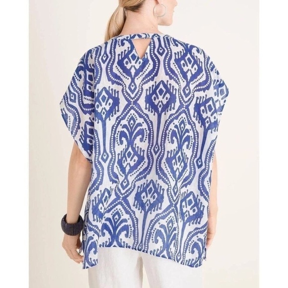 Chico's Ikat Poncho Linen White/Blue - Picture 2 of 8
